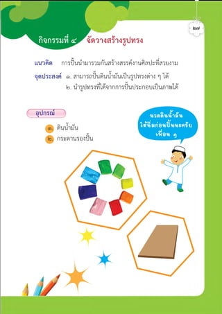กิจกรรมที่ ๔ จัดวางสรางรูปทรง
๒๗
แนวคิด
จุดประสงค ๑. สามารถปนดินน้ำมันเปนรูปทรงตาง ๆ ได
๒. นำรูปทรงที่ไดจากการปนประกอบเปนภาพได
การปนนำมารวมกันสรางสรรคงานศิลปะที่สวยงาม
อุปกรณ
๑. ดินน้ำมัน
๒. กระดานรองปน
¹Ç´´Ô¹¹éÓÁÑ¹
ãËŒ¹ÔèÁ¡‹Í¹»˜œ¹¹Ð¤ÃÑº
à¾×èÍ¹ æ
ศิลป์หรรษากล้าสร้างสรรค์ป.2
 