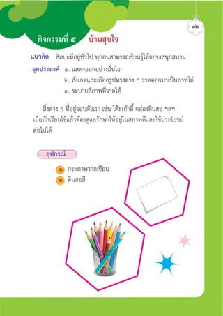 สิ่งตาง ๆ ที่อยูรอบตัวเรา เชน โตะเกาอี้ กลองดินสอ ฯลฯ
เมื่อนักเรียนใชแลวตองดูแลรักษาใหอยูในสภาพดีและใชประโยชน
ตอไปได
กิจกรรมที่ ๕ บานสุขใจ
๓๒
แนวคิด
จุดประสงค ๑. แสดงออกอยางมั่นใจ
๒. สัังเกตและเลือกรูปทรงตาง ๆ วาดออกมาเปนภาพได
๓. ระบายสีภาพทีี่วาดได
ศิลปะมีอยูทั่วไป ทุกคนสามารถเรียนรูไดอยางสนุกสนาน
อุปกรณ
๑. กระดาษวาดเขียน
๒. ดินสอสี
ศิลป์หรรษากล้าสร้างสรรค์ป.2
 