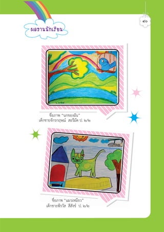 ชื่อภาพ “นกของฉัน”
เด็กชายจักรกฤษณ สะรีมัด ป. ๒/๒
ชื่อภาพ “แมวเหมียว”
เด็กชายพีรวัส สีสังข ป. ๒/๒
¼Å§Ò¹¹Ñ¡àÃÕÂ¹
๔๐ศิลป์หรรษากล้าสร้างสรรค์ป.2
 