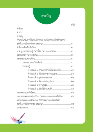 สารบัญ
คำนิยม
คำนำ
สารบัญ
คำแนะนำในการใชแบบฝกทักษะ ศิลปหรรษากลาสรางสรรค
ชุดที่ ๑ รูปราง รูปทรง แสนสนุก.......................................................
คำชี้แจงสำหรับนักเรียน.....................................................................
มาตรฐานการเรียนรู / ตัวชี้วัด / สาระการเรียนร...............................
จุดประสงค / สาระสำคัญ..................................................................
แบบทดสอบกอนเรียน........................................................................
บทกลอนกอนเรียนศิลป..........................................................
ใบความรู.................................................................................
กิจกรรมที่ ๑ วาดภาพดวยมือทั้งสองขาง.....................
กิจกรรมที่ ๒ ตัดกระดาษวาดรูปราง.............................
กิจกรรมที่ ๓ รูปทรงผสมภาพ......................................
กิจกรรมที่ ๔ จัดวางสรางรูปทรง..................................
กิจกรรมที่ ๕ บานสุขใจ................................................
กิจกรรมที่ ๖ สัตวเลี้ยงแสนรัก.....................................
แบบทดสอบหลังเรียน.........................................................................
เฉลยแบบทดสอบกอนเรียน / เฉลยแบบทดสอบหลังเรียน................
แบบประเมินการฝกทักษะ ศิลปหรรษากลาสรางสรรค
ชุดที่ ๑ รูปราง รูปทรง แสนสนุก.......................................................
บรรณานุกรม......................................................................................
หนา
๑
๒
๔
๕
๖
๘
๙
๑๒
๑๗
๒๒
๒๗
๓๒
๓๗
๔๒
๔๔
๔๕
๔๘
ศิลป์หรรษากล้าสร้างสรรค์ป.2
 