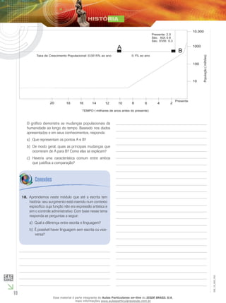10
EM_1S_HIS_002
O gráfico demonstra as mudanças populacionais da
humanidade ao longo do tempo. Baseado nos dados
apresentados e em seus conhecimentos, responda:
Que representam os pontos A e B?a)	
De modo geral, quais as principais mudanças queb)	
ocorreram de A para B? Como elas se explicam?
Haveria uma característica comum entre ambosc)	
que justifica a comparação?
Aprendemos neste módulo que até a escrita tem18.	
história: seu surgimento está inserido num contexto
específico cuja função não era expressão artística e
sim o controle administrativo. Com base nesse tema
responda as perguntas a seguir:
Qual a diferença entre escrita e linguagem?a)	
É possível haver linguagem sem escrita ou vice-b)	
versa?
Esse material é parte integrante do Aulas Particulares on-line do IESDE BRASIL S/A,
mais informações www.aulasparticularesiesde.com.br
 