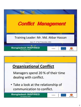 1
Conflict Management
Training Leader: Mr. Md. Akbar Hassan
Date: 3rd , 4th & 5th December, 2015
Organizational Conflict
Managers spend 20 % of their time
dealing with conflict.
• Take a look at the relationship of
communication to conflict.
 