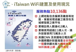 服務熱點10,136點
 上網地點包含偏鄉及離島等地
區，著重地理涵蓋之普及性及
城鄉發展之衡平性
 累積註冊人數達413萬人
 累積使用超過2.1億人次，境
外旅客使用73萬多人次
 美國CNN 及英國每日電訊報
外國媒體針對臺灣是全世界第
一個提供觀光客大規模免費
WiFi無線上網，給予肯定。
二、iTaiwan WiFi建置及使用現況
(資料來源：國發會)
4
 