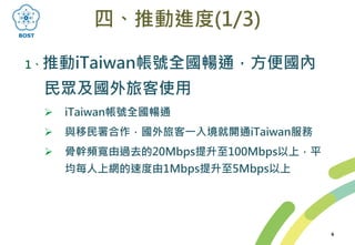 四、推動進度(1/3)
1、推動iTaiwan帳號全國暢通，方便國內
民眾及國外旅客使用
 iTaiwan帳號全國暢通
 與移民署合作，國外旅客一入境就開通iTaiwan服務
 骨幹頻寬由過去的20Mbps提升至100Mbps以上，平
均每人上網的速度由1Mbps提升至5Mbps以上
6
 