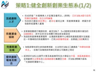 策略1:健全創新創業生態系(1/2)
10
• 完成研擬「外國專業人才延攬及僱用法」(草案)，已於106.4提行政院
院會討論通過，送立法院審議
• 科技部已選拔35位博士，赴矽谷著名企業、新創事業實習，將國外研
發創新能量導入臺灣
活絡創新
人才
• 金管會鼓勵銀行積極放款，截至106.7，5+2產業放款總金額共增加約
3,000億元，其中亞洲·矽谷相關行業放款金額居冠
• 為協助新創事業進軍國際，台灣創新創業中心補助新創進駐國外加速器，
近一年獲補助的新創團隊中，已有34家獲得投資，金額逾2,500萬美元
完善資金
協助
• 為鬆綁學校師生參與創業規範，立法院於106.5三讀通過「科學技術基
本法」，放寬行政職教師得兼任新創公司職務之規定
完善新創
法規
• 經濟部於105.11逢甲大學及高雄應用科技大學設立中區、南區青創基地，
並規劃將社企聚落及北區青創基地搬遷至空總，於106.9開幕升級為
「社會創新實驗中心」
提供創新
場域及媒
合
 