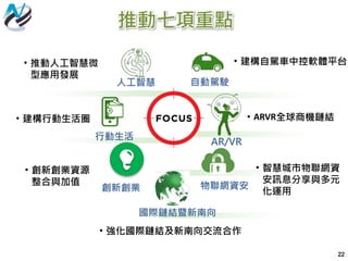 推動七項重點
人工智慧
物聯網資安
行動生活
自動駕駛
AR/VR
創新創業
• 建構行動生活圈
• 推動人工智慧微
型應用發展
• 建構自駕車中控軟體平台
• ARVR全球商機鏈結
• 智慧城市物聯網資
安訊息分享與多元
化運用
• 創新創業資源
整合與加值
• 強化國際鏈結及新南向交流合作
國際鏈結暨新南向
22
 