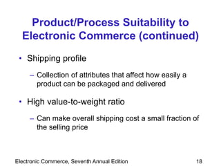 Electronic Commerce, Seventh Annual Edition 18
Product/Process Suitability to
Electronic Commerce (continued)
• Shipping profile
– Collection of attributes that affect how easily a
product can be packaged and delivered
• High value-to-weight ratio
– Can make overall shipping cost a small fraction of
the selling price
 