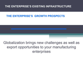 You
Globalization brings new challenges as well as 
export opportunities to your manufacturing 
enterprises
THE ENTERPRISE’S EXISTING INFRASTRUCTURE
THE ENTERPRISE’S GROWTH PROSPECTS
 
