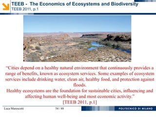 Luca Marescotti 54 / 88
TEEB - The Economics of Ecosystems and Biodiversity
TEEB 2011, p.1
“Cities depend on a healthy natural environment that continuously provides a
range of benefits, known as ecosystem services. Some examples of ecosystem
services include drinking water, clean air, healthy food, and protection against
floods.
Healthy ecosystems are the foundation for sustainable cities, influencing and
affecting human well-being and most economic activity.”
[TEEB 2011, p.1]
 