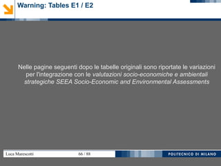 Luca Marescotti 66 / 88
Warning: Tables E1 / E2
Nelle pagine seguenti dopo le tabelle originali sono riportate le variazioni
per l'integrazione con le valutazioni socio-economiche e ambientali
strategiche SEEA Socio-Economic and Environmental Assessments
 