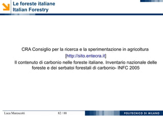 Luca Marescotti 82 / 88
Le foreste italiane
Italian Forestry
CRA Consiglio per la ricerca e la sperimentazione in agricoltura
[http://sito.entecra.it]
Il contenuto di carbonio nelle foreste italiane. Inventario nazionale delle
foreste e dei serbatoi forestali di carbonio- INFC 2005
 