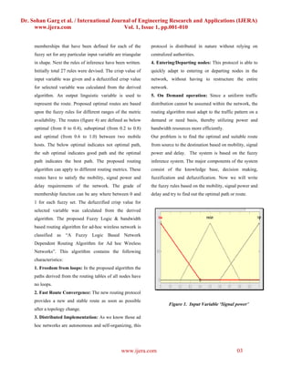 Dr. Sohan Garg et al. / International Journal of Engineering Research and Applications (IJERA)
     www.ijera.com                        Vol. 1, Issue 1, pp.001-010


     memberships that have been defined for each of the           protocol is distributed in nature without relying on
     fuzzy set for any particular input variable are triangular   centralized authorities.
     in shape. Next the rules of inference have been written.     4. Entering/Departing nodes: This protocol is able to
     Initially total 27 rules were devised. The crisp value of    quickly adapt to entering or departing nodes in the
     input variable was given and a defuzzified crisp value       network, without having to restructure the entire
     for selected variable was calculated from the derived        network.
     algorithm. An output linguistic variable is used to          5. On Demand operation: Since a uniform traffic
     represent the route. Proposed optimal routes are based       distribution cannot be assumed within the network, the
     upon the fuzzy rules for different ranges of the metric      routing algorithm must adapt to the traffic pattern on a
     availability. The routes (figure 4) are defined as below     demand or need basis, thereby utilizing power and
     optimal (from 0 to 0.4), suboptimal (from 0.2 to 0.8)        bandwidth resources more efficiently.
     and optimal (from 0.6 to 1.0) between two mobile             Our problem is to find the optimal and suitable route
     hosts. The below optimal indicates not optimal path,         from source to the destination based on mobility, signal
     the sub optimal indicates good path and the optimal          power and delay. The system is based on the fuzzy
     path indicates the best path. The proposed routing           inference system. The major components of the system
     algorithm can apply to different routing metrics. These      consist of the knowledge base, decision making,
     routes have to satisfy the mobility, signal power and        fuzzification and defuzzification. Now we will write
     delay requirements of the network. The grade of              the fuzzy rules based on the mobility, signal power and
     membership function can be any where between 0 and           delay and try to find out the optimal path or route.
     1 for each fuzzy set. The defuzzified crisp value for
     selected variable was calculated from the derived
     algorithm. The proposed Fuzzy Logic & bandwidth
     based routing algorithm for ad-hoc wireless network is
     classified as “A Fuzzy         Logic Based Network
     Dependent Routing Algorithm for Ad hoc Wireless
     Networks”. This algorithm contains the following
     characteristics:
     1. Freedom from loops: In the proposed algorithm the
     paths derived from the routing tables of all nodes have
     no loops.
     2. Fast Route Convergence: The new routing protocol
     provides a new and stable route as soon as possible
                                                                             Figure 1. Input Variable ‘Signal power’
     after a topology change.
     3. Distributed Implementation: As we know those ad
     hoc networks are autonomous and self-organizing, this




                                                    www.ijera.com                                               03
 