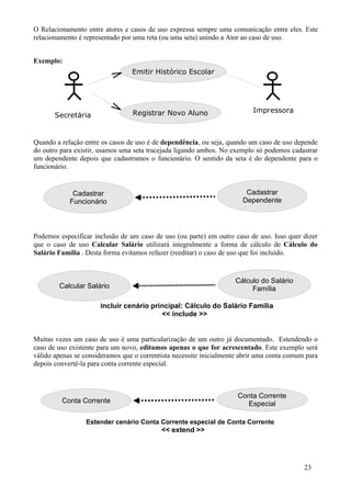 O Relacionamento entre atores e casos de uso expressa sempre uma comunicação entre eles. Este
relacionamento é representado por uma reta (ou uma seta) unindo a Ator ao caso de uso.


Exemplo:
                                 Emitir Histórico Escolar




                                 Registrar Novo Aluno                     Impressora
       Secretária


Quando a relação entre os casos de uso é de dependência, ou seja, quando um caso de uso depende
do outro para existir, usamos uma seta tracejada ligando ambos. No exemplo só podemos cadastrar
um dependente depois que cadastramos o funcionário. O sentido da seta é do dependente para o
funcionário.


             Cadastrar                                                  Cadastrar
            Funcionário                                                Dependente




Podemos especificar inclusão de um caso de uso (ou parte) em outro caso de uso. Isso quer dizer
que o caso de uso Calcular Salário utilizará integralmente a forma de cálculo de Cálculo do
Salário Família . Desta forma evitamos refazer (reeditar) o caso de uso que foi incluído.


                                                                    Cálculo do Salário
        Calcular Salário                                                 Família

                      Incluir cenário principal: Cálculo do Salário Família
                                           << include >>


Muitas vezes um caso de uso é uma particularização de um outro já documentado. Estendendo o
caso de uso existente para um novo, editamos apenas o que for acrescentado. Este exemplo será
válido apenas se consideramos que o correntista necessite inicialmente abrir uma conta comum para
depois convertê-la para conta corrente especial.



                                                                     Conta Corrente
         Conta Corrente                                                Especial

                 Estender cenário Conta Corrente especial de Conta Corrente
                                           << extend >>




                                                                                            23
 