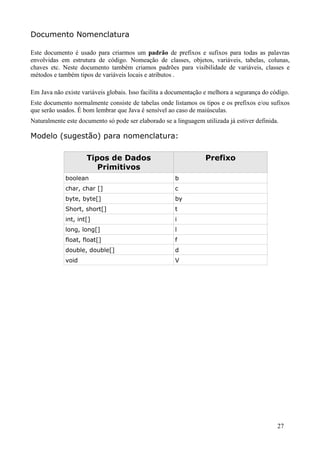 Documento Nomenclatura

Este documento é usado para criarmos um padrão de prefixos e sufixos para todas as palavras
envolvidas em estrutura de código. Nomeação de classes, objetos, variáveis, tabelas, colunas,
chaves etc. Neste documento também criamos padrões para visibilidade de variáveis, classes e
métodos e também tipos de variáveis locais e atributos .

Em Java não existe variáveis globais. Isso facilita a documentação e melhora a segurança do código.
Este documento normalmente consiste de tabelas onde listamos os tipos e os prefixos e/ou sufixos
que serão usados. É bom lembrar que Java é sensível ao caso de maiúsculas.
Naturalmente este documento só pode ser elaborado se a linguagem utilizada já estiver definida.

Modelo (sugestão) para nomenclatura:

                     Tipos de Dados                                Prefixo
                        Primitivos
             boolean                                   b
             char, char []                             c
             byte, byte[]                              by
             Short, short[]                            t
             int, int[]                                i
             long, long[]                              l
             float, float[]                            f
             double, double[]                          d
             void                                      V




                                                                                              27
 