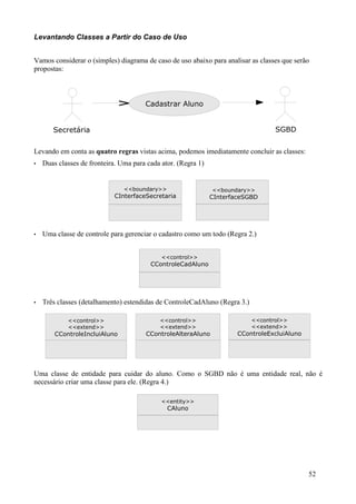 Levantando Classes a Partir do Caso de Uso


Vamos considerar o (simples) diagrama de caso de uso abaixo para analisar as classes que serão
propostas:



                                       Cadastrar Aluno


       Secretária                                                                  SGBD


Levando em conta as quatro regras vistas acima, podemos imediatamente concluir as classes:
•   Duas classes de fronteira. Uma para cada ator. (Regra 1)


                                <<boundary>>                   <<boundary>>
                            CInterfaceSecretaria               CInterfaceSGBD




•   Uma classe de controle para gerenciar o cadastro como um todo (Regra 2.)


                                             <<control>>
                                         CControleCadAluno




•   Três classes (detalhamento) estendidas de ControleCadAluno (Regra 3.)

            <<control>>                     <<control>>                     <<control>>
            <<extend>>                      <<extend>>                      <<extend>>
        CControleIncluiAluno           CControleAlteraAluno            CControleExcluiAluno




Uma classe de entidade para cuidar do aluno. Como o SGBD não é uma entidade real, não é
necessário criar uma classe para ele. (Regra 4.)

                                             <<entity>>
                                               CAluno




                                                                                              52
 
