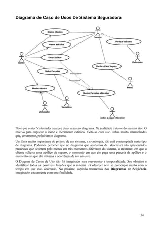 Diagrama de Caso de Usos De Sistema Seguradora




Note que o ator Vistoriador aparece duas vezes no diagrama. Na realidade trata-se do mesmo ator. O
motivo para duplicar o ícone é meramente estético. Evita-se com isso linhas muito emaranhadas
que, certamente, poluiriam o diagrama.
Um fator muito importante do projeto de um sistema, a cronologia, não está contemplada neste tipo
de diagrama. Podemos perceber que no diagrama que acabamos de descrever são apresentados
processos que ocorrem pelo menos em três momentos diferentes do sistema, o momento em que o
cliente solicita uma apólice de seguro, o momento em que ele paga uma parcela da apólice e o
momento em que ele informa a ocorrência de um sinistro.
O Diagrma de Casos de Uso não foi imaginado para representar a temporalidade. Seu objetivo é
identificar todas as possíveis funções que o sistema irá oferecer sem se preocupar muito com o
tempo em que elas ocorrerão. No próximo capítulo trataremos dos Diagramas de Seqüência
imaginados exatamente com esta finalidade.




                                                                                             54
 