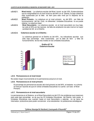 AJUSTE PLAN DE DESARROLLO MUNICIPAL DE MACHARETI 2006 - 2010


c.8.4.2.1.         Nivel inicial.- La cobertura escolar del Nivel Inicial es del 16%. Evidenciándose
                   que la marginalidad en el nivel inicial es del 84% en el Distrito; la baja cobertura
                   esta ocasionada por la falta de ítem para este nivel por lo disperso de la
                   población.
c.8.4.2.2          Nivel Primario.- La cobertura en el nivel primario es del 85% por falta de
                   funcionamiento del 3er. Ciclo en diferentes Unidades Educativas no se puede
                   obtener la cobertura ideal.
c.8.4.2.3.          Nivel Secundario.- La cobertura escolar en el nivel secundario es muy baja,
                    tan solo el 35% por las razones de falta de ampliación de este nivel en la mayor
                    cantidad de UE. en el Distrito.

c.8.4.2.4.       Cobertura escolar en el Distrito.-

                      La cobertura general en el Distrito es del 45% , los indicadores apuntan que
                      este bajo porcentaje esta ocasionada por la falta de ítem y falta de
                      funcionamiento de los tres niveles en las Unidades Educativas.

                                               Grafico Nº 10
                                             Cobertura Escolar

                 90
                 80
                 70
                                                                                  Nivel Inicial
                 60
                 50                                                               Nivel Primario

                 40                                                               Nivel Secundario

                 30                                                               Distrito
                 20
                 10
                  0



c.8.5. Permanencia en el nivel inicial
No existe ningún inconveniente en la permanencia actual en el nivel.
c.8.6. Permanencia en el nivel primario
    El porcentaje de permanencia escolar del nivel primario es del 84%, el restante no culmina
    el nivel por razones de que en varias Unidades Educativas no cuenta con todo el Nivel
    Primario .

c.8.7. Permanencia en el nivel secundario
La permanencia en el Sistema en el Nivel Secundario es del 31% los problemas que ocasionan
para este bajo porcentaje es de que los 23 Unidades Educativas del Distrito, solo existe 4
Unidades Educativas que cuentan hasta el nivel Secundario y además no se tiene los
internados productivos para poder concienciar a los estudiantes en poblaciones estratégicas.



                        “Gobierno Municipal de Macharetí, Construyendo el Desarrollo”
Elaborado por: J. Mario Franco F.                                                       Página 113 de 275
 