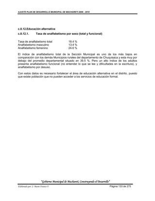 AJUSTE PLAN DE DESARROLLO MUNICIPAL DE MACHARETI 2006 - 2010




c.8.12.Educación alternativa
c.8.12.1.          Tasa de analfabetismo por sexo (total y funcional)

Tasa de analfabetismo total                     18.4 %
Analfabetismo masculino                         13.4 %
Analfabetismo femenino                          24.6 %

El índice de analfabetismo total de la Sección Municipal es uno de los más bajos en
comparación con los demás Municipios rurales del departamento de Chuquisaca y esta muy por
debajo del promedio departamental situado en 39.5 %. Pero un alto índice de los adultos
presenta analfabetismo funcional (no entender lo que se lee y dificultades en la escritura), y
analfabetismo por desuso.

Con estos datos es necesario fortalecer el área de educación alternativa en el distrito, puesto
que existe población que no pueden acceder a los servicios de educación formal.




                        “Gobierno Municipal de Macharetí, Construyendo el Desarrollo”
Elaborado por: J. Mario Franco F.                                                       Página 133 de 275
 