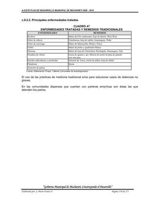 AJUSTE PLAN DE DESARROLLO MUNICIPAL DE MACHARETI 2006 - 2010



c.9.2.2. Principales enfermedades tratadas

                                      CUADRO 47
                    ENFERMEDADES TRATADAS Y REMEDIOS TRADICIONALES
                  ENFERMEDADES                                            REMEDIOS
      Resfríos                                  Mates de Flor cardosanto, hoja de Quinti, Wira Wira
      Dolor de cabeza                           Chacharosa, hoja de sabila, Guaranguay, Ñabe
      Dolor de estomago                         Mates de Manzanilla, Menta y Paico
      Fiebre                                    Mates de poleo y quebracho blanco
      Diarreas                                  Mates de hoja de Chorimimi, Hierbapalo, Huasuquea, Tala
      Picadura de víbora                        Grasa de iguana y ajo, Mezcla de aceite de pata de ganado
                                                con cien pies
      Heridas subcutáneas y profundas           Infusión de Tusca, resina de piñón, hoja de sábila
      Paludismo                                 Quina
      Atención de partos
    Fuente: Elaboración Propia. Talleres Comunales de Autodiagnóstico


El uso de las prácticas de medicina tradicional sirve para solucionar casos de dolencias no
graves.

En las comunidades dispersas que cuentan con parteras empíricas son éstas las que
atienden los partos.




                        “Gobierno Municipal de Macharetí, Construyendo el Desarrollo”
Elaborado por: J. Mario Franco F.                                                              Página 150 de 275
 