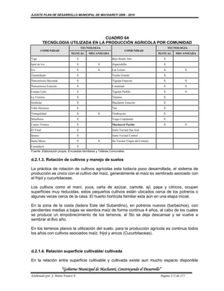 AJUSTE PLAN DE DESARROLLO MUNICIPAL DE MACHARETI 2006 - 2010




                                      CUADRO 64
           TECNOLOGIA UTILIZADA EN LA PRODUCCIÓN AGRICOLA POR COMUNIDAD
                                        TECNOLOGIA                                                 TECNOLOGIA
         COMUNIDAD                                                      COMUNIDAD
                             MANUAL         MECANIZADA                                      MANUAL     MECANIZADA
Yapi                                X                       Bajo Bordo Alto                    X
Ipati de Ivo                        X            X          Algarrobilla                       X
Ivo                                 X            X          Las Lomas                          X                 X
Tamanihuati                         X                       Vuelta Grande                      X
Ñancaroinza Hacienda                X                       Tiguipa Estación                   X                 X
Ñancaroinza Estación                X                       Camatindi                          X                 X
Campo León                          X                       Tiguipa Pueblo                     X                 X
La Victoria                         X                       Tentami                            X
Simbolar                            X                       Macharetí Estación                 X
Valle Hermoso                       X                       Tati                               X
Tranquilidad                        X            X          Timboycito                         X
Miraflores                          X                       Yuqui Caipipendi                   X
Cuatro Vientos                      X                       Machareti Pueblo                   X                 X
El Vinal                            X                       Junta Vecinal San José
Ipauso                              X                       Junta Vecinal Central
Santa Maria                         X            X          Jta Vecinal Virgen del Carmén
Carandaytí                          X
Fuente: Elaboración propia. Encuestas familiares y Talleres Comunales.

d.2.1.3. Rotación de cultivos y manejo de suelos

La práctica de rotación de cultivos agrícolas esta todavía poco desarrollada, el sistema de
producción es único con el cultivo del maíz, generalmente el maíz es sembrado asociado con
el frijol y cucurbitaceas.

Los cultivos como el maní, yuca, caña de azúcar, camote, ají, papa y cítricos, ocupan
superficies muy reducidas, estos pequeños cultivos están ubicados cerca de los potreros o
algunas veces cerca de la casa. El huerto hortícola familiar esta aún en una etapa inicial.

En la zona de la costa (ladera Este del Subandino), en potreros nuevos (barbechos), con
pendientes medias a bajas se siembra maíz de forma continua 4 años, al cabo de los cuales
se produce un empobrecimiento de los terrenos, al 5to se deja descansar y se vuelve a
sembrar al 8vo año.

En los terrenos planos la utilización del suelo, para la producción agrícola es continua todos
los años con cultivos asociados maíz, frijol y ancos (Cucurbitaceas).



d.2.1.4. Relación superficie cultivable/ cultivada

En la relación entre superficie cultivable y cultivada existe aun mucho espacio disponible

                       “Gobierno Municipal de Macharetí, Construyendo el Desarrollo”
Elaborado por: J. Mario Franco F.                                                            Página 172 de 275
 