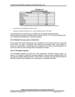 AJUSTE PLAN DE DESARROLLO MUNICIPAL DE MACHARETI 2006 - 2010



                                                    CUADRO 112
                                                COSTO DE PRODUCCION
                                  ACTIVIDAD                                COSTO $us/m³
                     Marcación                                                 0.22
                     Volteo y trozado                                          1.15
                     Rodeo                                                    2.725
                     Carguío                                                   1.18
                     Transporte                                                4.90
                     Supervisión                                               2.10
                     Imprevistos                                               1.22
                     TOTAL                                                    13.50*
                      Fuente. Inventario Forestal de la Provincia Luis Calvo del Departamento de Chuquisaca.

     *En estos costos no están incluidos los derechos de monte.

     Tomando un rendimiento de 230 pie ² por m³ , el costo de producción por pie ² es de 0.30 $us.


Las estimaciones de crecimiento que deberán ser verificadas mediante estudios
permanentes para reajustar cualquier plan de manejo, son de 1 a 1,5 m³ por hectárea al año
con condiciones de protección y manejo del bosque.

d.2.4. Sistemas de caza, pesca y recolección

En la sección solo existe sistemas de caza y recolección, por la carencia de ríos no se puede
incluir pesca. La caza y recolección que efectúan las personas tiene como destino el
consumo a nivel familiar, no existiendo caza y recolección con fines de comercialización. En
la caza se utilizan armas de fuego (rifles o escopetas) y trampas.

d.2.4.1. Principales especies

Las principales especies de caza son: urina, quirquincho, chancho montes, pavas y la
iguana, sin embargo la existencia de estas especies ha disminuyendo paulatinamente, por
que épocas pasadas (décadas del 60 y 70 del 1900), se produjo una caza indiscriminada de
especies por gente que trabajaba en los aserraderos y empresas petroleras.




                       “Gobierno Municipal de Macharetí, Construyendo el Desarrollo”
Elaborado por: J. Mario Franco F.                                                                    Página 213 de 275
 