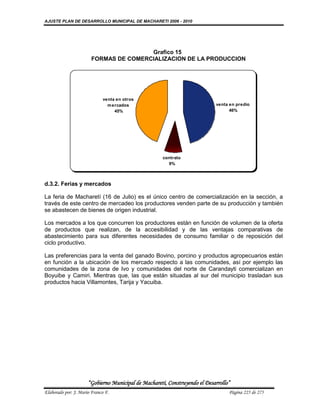 AJUSTE PLAN DE DESARROLLO MUNICIPAL DE MACHARETI 2006 - 2010




                                        Grafico 15
                        FORMAS DE COMERCIALIZACION DE LA PRODUCCION




                             venta en otros
                               m ercados                                     venta en predio
                                  45%                                              46%




                                                      contrato
                                                        9%



d.3.2. Ferias y mercados

La feria de Macharetí (16 de Julio) es el único centro de comercialización en la sección, a
través de este centro de mercadeo los productores venden parte de su producción y también
se abastecen de bienes de origen industrial.

Los mercados a los que concurren los productores están en función de volumen de la oferta
de productos que realizan, de la accesibilidad y de las ventajas comparativas de
abastecimiento para sus diferentes necesidades de consumo familiar o de reposición del
ciclo productivo.

Las preferencias para la venta del ganado Bovino, porcino y productos agropecuarios están
en función a la ubicación de los mercado respecto a las comunidades, así por ejemplo las
comunidades de la zona de Ivo y comunidades del norte de Carandayti comercializan en
Boyuibe y Camiri. Mientras que, las que están situadas al sur del municipio trasladan sus
productos hacia Villamontes, Tarija y Yacuiba.




                      “Gobierno Municipal de Macharetí, Construyendo el Desarrollo”
Elaborado por: J. Mario Franco F.                                                 Página 225 de 275
 