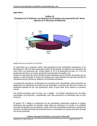 AJUSTE PLAN DE DESARROLLO MUNICIPAL DE MACHARETI 2006 - 2010



Agricultura

                                     Gráfico 18
 Percepción de la Población con Respecto los Productos mas Importantes del Sector
                       Agrícola en el Municipio de Machareti




                                          mani
                              aji         11%
                              4%
                                                                                  maíz
                   joco                                                           36%
                   16%



                    zapallo
                      5%
                                                    poroto
                                                     28%




Fuente: Elaboración propia boleta (Línea de Base)


La agricultura es el segundo sector mas importante de las actividades productivas en el
Municipio del 100% de este porcentaje el 36% de las familias se dedican a la producción del
maíz, 28% a la producción del poroto (fréjol), el 16 % la producción de joco, un 11% a la
producción del maní y en menor proporción la producción de zapallo y ají.
Si bien la producción de poroto (Frejol) reviste importancia por el número de familias que se
dedican a esta actividad, el cuadro de ingresos por cada actividad nos permitirá precisar la
importancia de los mismos en relación a la actividad económica.

La producción agrícola en el Municipio se encuentra poco diversificada, esta producción es
estacional y en superficies de suelos de uso restringido. La producción del maíz y el joco es
tradicional además de ser una producción mixta, el joco tiene como destino el consumo
animal.

Los demás productos como el maní, ají, y zapallo, no revisten importancia por los bajos
porcentajes de producción, considerando que esta producción es destinada para el auto
consumo.


El grafico Nº 2 refleja la importancia de las actividades productivas respecto al ingreso
económico que perciben las familias, estos datos se obtuvieron en función a la cantidad
promedio de familias que se dedican a cada una de las actividades productivas, tomando en
cuenta la cantidad promedio de productos que se comercializa y el precio promedio de cada
uno de los productos.

                      “Gobierno Municipal de Macharetí, Construyendo el Desarrollo”
Elaborado por: J. Mario Franco F.                                                 Página 237 de 275
 