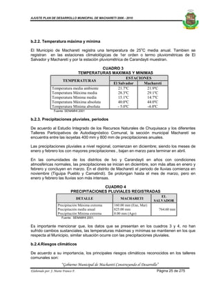 AJUSTE PLAN DE DESARROLLO MUNICIPAL DE MACHARETI 2006 - 2010




b.2.2. Temperatura máxima y mínima

El Municipio de Macharetí registra una temperatura de 25oC media anual. Tambien se
registran en las estaciones climatológicas de 1er orden o termo pluviométricas de El
Salvador y Macharetí y por la estación pluviométrica de Carandayti muestran.

                                           CUADRO 3
                             TEMPERATURAS MAXIMAS Y MINIMAS
                                                        ESTACIONES
                    TEMPERATURAS
                                               El Salvador     Macharetí
               Temperatura media ambiente         21.7ºC        21.9ºC
               Temperatura Máxima media           28.3ºC        29.1ºC
               Temperatura Mínima media           15.1ºC        14.7ºC
               Temperatura Máxima absoluta        40.0ºC        44.0ºC
               Temperatura Mínima absoluta        - 5.0ºC       -4.0ºC
                 Fuente: SENAMHI 2001

b.2.3. Precipitaciones pluviales, periodos

De acuerdo al Estudio Integrado de los Recursos Naturales de Chuquisaca y los diferentes
Talleres Participativos de Autodiagnóstico Comunal, la sección municipal Macharetí se
encuentra entre las isoyetas 400 mm y 800 mm de precipitaciones anuales.

Las precipitaciones pluviales a nivel regional, comienzan en diciembre; siendo los meses de
enero y febrero los con mayores precipitaciones , bajan en marzo para terminar en abril.

En las comunidades de los distritos de Ivo y Carandayti en años con condiciones
atmosféricas normales, las precipitaciones se inician en diciembre, son más altas en enero y
febrero y concluyen en marzo. En el distrito de Macharetí el periodo de lluvias comienza en
noviembre (Tiguipa Pueblo y Camatindi). Se prolongan hasta el mes de marzo, pero en
enero y febrero las lluvias son más intensas.

                                           CUADRO 4
                             PRECIPITACIONES PLUVIALES REGISTRADAS
                                                                                  EL
                                    DETALLE               MACHARETI
                                                                               SALVADOR
                    Precipitación Máxima extrema      160.00 mm (Ene, Mar)
                    Precipitación media anual         825.00 mm                      764.60 mm
                    Precipitación Mínima extrema      0.00 mm (Ago)
                      Fuente: SENAMHI 2001.


Es importante mencionar que, los datos que se presentan en los cuadros 3 y 4, no han
sufrido cambios sustanciales, las temperaturas máximas y mínimas se mantienen en los que
respecta al Municipio, similar situación ocurre con las precipitaciones pluviales.

b.2.4.Riesgos climáticos

De acuerdo a su importancia, los principales riesgos climáticos reconocidos en los talleres
comunales son:
                      “Gobierno Municipal de Macharetí Construyendo el Desarrollo”
Elaborado por: J. Mario Franco F.                                                Página 25 de 275
 