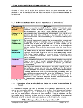 AJUSTE PLAN DE DESARROLLO MUNICIPAL DE MACHARETI 2006 - 2010



El tema de salud, solo el 7,96% de la población no se encuentra satisfecha con este
servicio. Es uno de los indicadores más bajos respecto a los grados de insatisfacción en
los servicios.




f.1.18 Definición de Necesidades Básicas Insatisfechas en términos de:

  Componente                                    Definición
Materiales de la Existe inadecuación cuando la población reside en viviendas con pisos
vivienda         de tierra, paredes de adobe no revocado, tapial, piedra, caña, palma
                 y/o techos de paja, caña, palma u otros materiales de desecho.
Espacios en la Las personas están por debajo de la norma cuando viven más de cinco
vivienda         personas por cada dos dormitorios no cuentan con al menos una
                 habitación adicional para comedor sala y/o no tienen un cuarto especial
                 para cocina.
Servicios de     Se presenta inadecuación cuando las personas residen en viviendas
agua y           sin agua por cañería, no tienen conexión de agua dentro de la vivienda,
saneamiento      reciben agua de pozo, lago, río vertiente; no tienen sanitario y/o no
                 disponen de sistema de eliminación de excretas a alcantarillado ni
                 cámara séptica. Estos umbrales son menos exigentes para el área
                 rural.
Insumos          La inadecuación en insumos energéticos se presenta cuando las
energéticos      personas no disponen de energía eléctrica en la vivienda y/o utilizan
                 leña, bosta, taquia, carbón o kerosene como combustibles para
                 cocinar, elementos considerados menos apropiados para mantener el
                 medio ambiente.
Educación        Se considera insuficiente nivel educativo cuando algunos miembros del
                 hogar no saben leer ni escribir, presentan bajos niveles educativos,
                 existen niños y jóvenes que no asisten a la escuela y/o presentan
                 rezago escolar.
Salud            Las personas presentan inadecuación en salud, cuando viven en
                 comunidades o zonas que presentan una baja proporción de mujeres
                 que son atendidas por médicos, enfermeras o auxiliares de enfermería
                 (atención por personal capacitado que puede ser institucional fuera de
                 los establecimientos de salud). En la versión del Mapa de Pobreza de
                 1993, la inadecuación en salud estaba referida a las personas que no
                 atendían su salud o acudían a lugares distintos a establecimientos de
                 la Caja de Salud, Ministerios y servicios privados.
Fuente: Mapa de Pobreza 2001


f.1.19 Información primaria sobre Pobreza (taller con grupos en condiciones de
       pobreza)

Es necesario considerar que para la definición de pobreza no solamente se toma en
cuenta las necesidades básicas insatisfechas si no también otros factores que influeyen
en esta definición. Es por eso que se desarrollan las siguientes variables, las mismas que
nos dan un acercamiento a la pobreza más cualitativa. Para la obtención de esta
información se ha realizado un taller con los grupos en condiciones de pobreza del
Municipio, tomando en cuenta a los cuatro cantones, es decir información primaria.
                    “Gobierno Municipal de Macharetí, Construyendo el Desarrollo”
Elaborado por: J. Mario Franco F.                                                   Página 273 de 275
 
