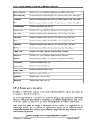 AJUSTE PLAN DE DESARROLLO MUNICIPAL DE MACHARETI 2006 - 2010



 Macharetí Estación         Suelos de pie de monte: Clase IIIesc. Suelos de serranía: Clase VIIIesc; VIIesc.

 Macharetí Pueblo           Suelos de terraza aluvial subreciente: Clase IVsc. Suelos de serranía: Clase VIIIesc; VIIesc.

 Timboycito                 Suelos de terraza aluvial subreciente: Clase IVsc. Suelos de serranía: Clase VIIIesc; VIIesc.

 Tatí                       Suelos de terraza aluvial subreciente: Clase IVsc. Suelos de serranía: Clase VIIIesc; VIIesc.

 Tiguipa Estación           Suelos de llanura aluvial: Clase IIIsc; IIsc.

 Vuelta Grande              Suelos de pie de monte: Clase IIIesc. Suelos de colinas: Clase VIIIesc; VIIesc.

 Las Lomas                  Suelos de llanura aluvial: Clase IIwsc; IIIsc; IVsc. Suelos de colinas: Clase VIesc.

 Santa María                Suelos de llanura aluvial: Clase IIwsc; IIIsc; IVsc. Suelos de colinas: Clase VIesc.

 Ipauso                     Suelos de llanura aluvial: Clase IIwsc; IIIsc; IVsc. Suelos de colinas: Clase VIesc.

 Carandaytí                 Suelos de llanura aluvial: Clase IIwsc; IIIsc; IVsc. Suelos de colinas: Clase VIesc.

 El Vinal                   Suelos de llanura aluvial: Clase IIIsc. Suelos de colinas: Clase VIIesc; VIIIesc.

 Campo León                 Suelos de pie de monte: Clase IIIesc. Suelos de colinas: Clase VIesc.

 La Victoria                Suelos de pie de monte: Clase IIIesc. Suelos de colinas: Clase VIesc.

 Simbolar                   Suelos de llanura aluvial: Clase IVsc. Suelos de colinas residuales: Clase IVsc.

 Tranquilidad               Suelos de llanura aluvial: Clase IVsc.

                            Suelos de llanura aluvial: Clase IVsc
 Cuatro Vientos

                            Suelos de llanura aluvial: Clase IVc; IVsc.
 Cuatro Vientos

 Bella Unión                Suelos de llanura aluvial: Clase Ivc.

 Algarrobilla               Suelos de bajíos: Clase Vwsc; IVsc.

 Bordo Alto                 Suelos de bajíos: Clase Vwsc; IVsc.




b.4.1.2. Zonas y grados de erosión

Debido a la infofrmación obtenida el municipio de Macharetí tiene un grado de erosión de
los suelos es de nula a muy grave.

La erosión por efecto de la acción de las corrientes de agua, esta socavando y formando
cárcavas en lugares, que estuvieron cubiertos por vegetación, complementan esta acción
los fuertes vientos y la insolación, que están dejando grandes superficies erosionadas.

Otro factor que pone en riesgo la estabilidad de los suelos y la vegetación es la
sobrecarga animal, que no permite la regeneración natural de las especies nativas
forrajeras existentes, esta situación se visualizo con mayor incidencia en el sector de Ivo y
comunidades adyacentes.

                    “Gobierno Municipal de Macharetí, Construyendo el Desarrollo”
Elaborado por: J. Mario Franco F.                                                               Página 31 de 275
 