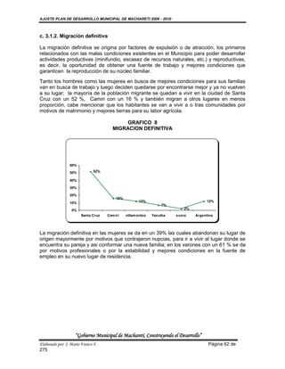 AJUSTE PLAN DE DESARROLLO MUNICIPAL DE MACHARETI 2006 - 2010



c. 3.1.2. Migración definitiva

La migración definitiva se origina por factores de expulsión o de atracción, los primeros
relacionados con las malas condiciones existentes en el Municipio para poder desarrollar
actividades productivas (minifundio, escasez de recursos naturales, etc.) y reproductivas,
es decir, la oportunidad de obtener una fuente de trabajo y mejores condiciones que
garanticen la reproducción de su núcleo familiar.
Tanto los hombres como las mujeres en busca de mejores condiciones para sus familias
van en busca de trabajo y luego deciden quedarse por encontrarse mejor y ya no vuelven
a su lugar; la mayoría de la población migrante se quedan a vivir en la ciudad de Santa
Cruz con un 52 %, Camiri con un 16 % y también migran a otros lugares en menos
proporción, cabe mencionar que los habitantes se van a vivir a o tras comunidades por
motivos de matrimonio y mejores tierras para su labor agrícola.

                                           GRAFICO 8
                                       MIGRACION DEFINITIVA




                 60%

                 50%          52%

                 40%

                 30%

                 20%
                                         16%
                 10%                                  12%                              12%
                                                                  7%
                  0%                                                        2%
                       Santa Cruz   Cam iri    villam ontes   Yacuiba   sucre    Argentina




La migración definitiva en las mujeres se da en un 39% las cuales abandonan su lugar de
origen mayormente por motivos que contrajeron nupcias, para ir a vivir al lugar donde se
encuentra su pareja y asi conformar una nueva familia; en los varones con un 61 % se da
por motivos profesionales o por la estabilidad y mejores condiciones en la fuente de
empleo en su nuevo lugar de residencia.




                    “Gobierno Municipal de Macharetí, Construyendo el Desarrollo”
Elaborado por: J. Mario Franco F.                                                      Página 62 de
275
 