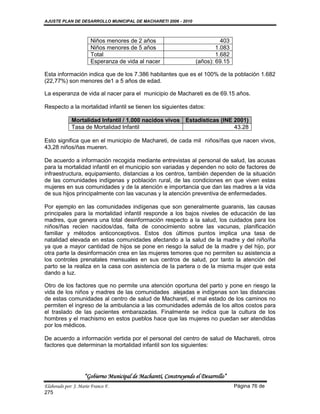 AJUSTE PLAN DE DESARROLLO MUNICIPAL DE MACHARETI 2006 - 2010



                       Niños menores de 2 años                               403
                       Niños menores de 5 años                             1.083
                       Total                                               1.682
                       Esperanza de vida al nacer                  (años): 69.15

Esta información indica que de los 7.386 habitantes que es el 100% de la población 1.682
(22,77%) son menores de1 a 5 años de edad.

La esperanza de vida al nacer para el municipio de Machareti es de 69.15 años.

Respecto a la mortalidad infantil se tienen los siguientes datos:

             Mortalidad Infantil / 1.000 nacidos vivos Estadísticas (INE 2001)
             Tasa de Mortalidad Infantil                                 43.28

Esto significa que en el municipio de Machareti, de cada mil niños/ñas que nacen vivos,
43,28 niños/ñas mueren.

De acuerdo a información recogida mediante entrevistas al personal de salud, las acusas
para la mortalidad infantil en el municipio son variadas y dependen no solo de factores de
infraestructura, equipamiento, distancias a los centros, también dependen de la situación
de las comunidades indígenas y población rural, de las condiciones en que viven estas
mujeres en sus comunidades y de la atención e importancia que dan las madres a la vida
de sus hijos principalmente con las vacunas y la atención preventiva de enfermedades.

Por ejemplo en las comunidades indígenas que son generalmente guaranis, las causas
principales para la mortalidad infantil responde a los bajos niveles de educación de las
madres, que genera una total desinformación respecto a la salud, los cuidados para los
niños/ñas recien nacidos/das, falta de conocimiento sobre las vacunas, planificación
familiar y métodos anticonceptivos. Estos dos últimos puntos implica una tasa de
natalidad elevada en estas comunidades afectando a la salud de la madre y del niño/ña
ya que a mayor cantidad de hijos se pone en riesgo la salud de la madre y del hijo, por
otra parte la desinformación crea en las mujeres temores que no permiten su asistencia a
los controles prenatales mensuales en sus centros de salud, por tanto la atención del
parto se la realiza en la casa con asistencia de la partera o de la misma mujer que esta
dando a luz.

Otro de los factores que no permite una atención oportuna del parto y pone en riesgo la
vida de los niños y madres de las comunidades alejadas e indígenas son las distancias
de estas comunidades al centro de salud de Machareti, el mal estado de los caminos no
permiten el ingreso de la ambulancia a las comunidades además de los altos costos para
el traslado de las pacientes embarazadas. Finalmente se indica que la cultura de los
hombres y el machismo en estos pueblos hace que las mujeres no puedan ser atendidas
por los médicos.

De acuerdo a información vertida por el personal del centro de salud de Machareti, otros
factores que determinan la mortalidad infantil son los siguientes:




                    “Gobierno Municipal de Macharetí, Construyendo el Desarrollo”
Elaborado por: J. Mario Franco F.                                                   Página 76 de
275
 