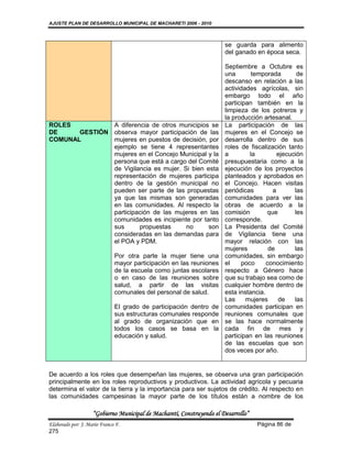 AJUSTE PLAN DE DESARROLLO MUNICIPAL DE MACHARETI 2006 - 2010



                                                                       se guarda para alimento
                                                                       del ganado en época seca.

                                                                       Septiembre a Octubre es
                                                                       una       temporada        de
                                                                       descanso en relación a las
                                                                       actividades agrícolas, sin
                                                                       embargo todo el año
                                                                       participan también en la
                                                                       limpieza de los potreros y
                                                                       la producción artesanal.
ROLES          A diferencia de otros municipios se                     La participación de las
DE     GESTIÓN observa mayor participación de las                      mujeres en el Concejo se
COMUNAL        mujeres en puestos de decisión, por                     desarrolla dentro de sus
               ejemplo se tiene 4 representantes                       roles de fiscalización tanto
               mujeres en el Concejo Municipal y la                    a        la         ejecución
               persona que está a cargo del Comité                     presupuestaria como a la
               de Vigilancia es mujer. Si bien esta                    ejecución de los proyectos
               representación de mujeres participa                     planteados y aprobados en
               dentro de la gestión municipal no                       el Concejo. Hacen visitas
               pueden ser parte de las propuestas                      periódicas        a       las
               ya que las mismas son generadas                         comunidades para ver las
               en las comunidades. Al respecto la                      obras de acuerdo a la
               participación de las mujeres en las                     comisión        que       les
               comunidades es incipiente por tanto                     corresponde.
               sus      propuestas      no      son                    La Presidenta del Comité
               consideradas en las demandas para                       de Vigilancia tiene una
               el POA y PDM.                                           mayor relación con las
                                                                       mujeres          de       las
                              Por otra parte la mujer tiene una        comunidades, sin embargo
                              mayor participación en las reuniones     el    poco      conocimiento
                              de la escuela como juntas escolares      respecto a Género hace
                              o en caso de las reuniones sobre         que su trabajo sea como de
                              salud, a partir de las visitas           cualquier hombre dentro de
                              comunales del personal de salud.         esta instancia.
                                                                       Las     mujeres     de    las
                              El grado de participación dentro de      comunidades participan en
                              sus estructuras comunales responde       reuniones comunales que
                              al grado de organización que en          se las hace normalmente
                              todos los casos se basa en la            cada fin de mes y
                              educación y salud.                       participan en las reuniones
                                                                       de las escuelas que son
                                                                       dos veces por año.


De acuerdo a los roles que desempeñan las mujeres, se observa una gran participación
principalmente en los roles reproductivos y productivos. La actividad agrícola y pecuaria
determina el valor de la tierra y la importancia para ser sujetos de crédito. Al respecto en
las comunidades campesinas la mayor parte de los títulos están a nombre de los

                    “Gobierno Municipal de Macharetí, Construyendo el Desarrollo”
Elaborado por: J. Mario Franco F.                                                   Página 86 de
275
 