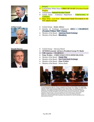 Reagan)
                   United States White House CHIEF OF STAFF (President Ronald
                    Reagan)
                   United States National Security Council
                   United States     Commerce Department - Undersecretary of
                    Commerce
                   Baker Botts - Law Firm – Represented Saudi Government in the
                    9/11 Attacks Lawsuit


Arthur Levett      Carlyle Group – Senior Advisor
                   Security & Exchange Commission (SEC) – CHAIRMAN
                    (President William “Bill” Clinton)
                   Member of the Board – American Stock Exchange
                   Member of the Board – Bloomberg




Donald Marron      Carlyle Group – Advisory Board
                   SENIOR Economic Advisors (President George W. Bush)
                   UBS America – CHAIRMAN
                   Paine Webber – CHIEF EXECUTIVE OFFICER (CEO)
                   Member of the Board – Fannie Mae
                   Member of the Board – New York Stock Exchange
                   Member of the Board – Paine Webber
                   Member of the Board – Shinsei Bank




                    Page 265 of 291
 