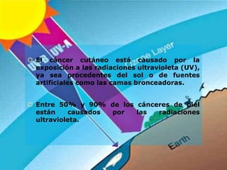  El cáncer cutáneo está causado por la
exposición a las radiaciones ultravioleta (UV),
ya sea procedentes del sol o de fuentes
artificiales como las camas bronceadoras.
 Entre 50% y 90% de los cánceres de piel
están causados por las radiaciones
ultravioleta.
 