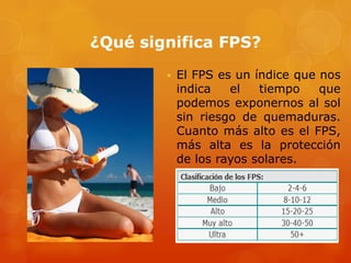 ¿Qué significa FPS?
• El FPS es un índice que nos
indica el tiempo que
podemos exponernos al sol
sin riesgo de quemaduras.
Cuanto más alto es el FPS,
más alta es la protección
de los rayos solares.
 