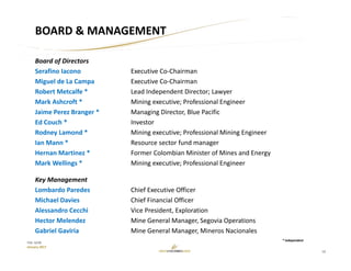 10
TSX: GCM
January 2017
BOARD & MANAGEMENT
Board of Directors
Serafino Iacono Executive Co‐Chairman
Miguel de La Campa Executive Co‐Chairman
Robert Metcalfe * Lead Independent Director; Lawyer
Mark Ashcroft * Mining executive; Professional Engineer
Jaime Perez Branger * Managing Director, Blue Pacific
Ed Couch * Investor
Rodney Lamond * Mining executive; Professional Mining Engineer
Ian Mann * Resource sector fund manager
Hernan Martinez * Former Colombian Minister of Mines and Energy
Mark Wellings * Mining executive; Professional Engineer
Key Management
Lombardo Paredes Chief Executive Officer
Michael Davies Chief Financial Officer
Alessandro Cecchi Vice President, Exploration
Hector Melendez Mine General Manager, Segovia Operations
Gabriel Gaviria Mine General Manager, Mineros Nacionales
* Independent
 