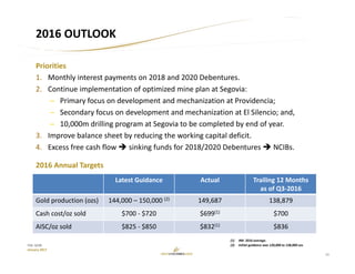 11
TSX: GCM
January 2017
2016 OUTLOOK
Priorities
1. Monthly interest payments on 2018 and 2020 Debentures.
2. Continue implementation of optimized mine plan at Segovia:
– Primary focus on development and mechanization at Providencia;
– Secondary focus on development and mechanization at El Silencio; and,
– 10,000m drilling program at Segovia to be completed by end of year.
3. Improve balance sheet by reducing the working capital deficit.
4. Excess free cash flow  sinking funds for 2018/2020 Debentures  NCIBs.
2016 Annual Targets
Latest Guidance Actual Trailing 12 Months
as of Q3‐2016
Gold production (ozs) 144,000 – 150,000 (2) 149,687 138,879
Cash cost/oz sold $700 ‐ $720 $699(1) $700
AISC/oz sold $825 ‐ $850 $832(1) $836
(1) 9M‐ 2016 average.
(2) Initial guidance was 120,000 to 138,000 ozs.
 