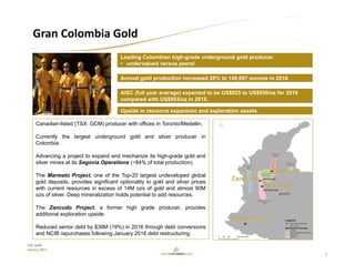 3
TSX: GCM
January 2017
Canadian-listed (TSX: GCM) producer with offices in Toronto/Medellin.
Currently the largest underground gold and silver producer in
Colombia.
Advancing a project to expand and mechanize its high-grade gold and
silver mines at its Segovia Operations (~84% of total production).
The Marmato Project, one of the Top-20 largest undeveloped global
gold deposits, provides significant optionality to gold and silver prices
with current resources in excess of 14M ozs of gold and almost 90M
ozs of silver. Deep mineralization holds potential to add resources.
The Zancudo Project, a former high grade producer, provides
additional exploration upside.
Reduced senior debt by $36M (19%) in 2016 through debt conversions
and NCIB repurchases following January 2016 debt restructuring.
Annual gold production increased 28% to 149,687 ounces in 2016.
AISC (full year average) expected to be US$825 to US$850/oz for 2016
compared with US$863/oz in 2015.
Upside in resource expansion and exploration assets.
Leading Colombian high-grade underground gold producer.
• undervalued versus peers!
Gran Colombia Gold
 