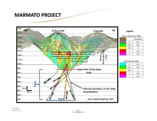7
TSX: GCM
January 2017
MARMATO PROJECT
Legend
DRILL HOLES AU PPM
Pending
0 0.1
0.1 0.3
0.3 1
1 2.5
> 2.5
BLOCKS AU PPM
0 0.1
0.1 0.3
0.3 1
1 2.5
> 2.5
 