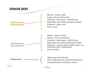 9
TSX: GCM
January 2017
SENIOR DEBT
• Maturity – January 2, 2020
• Coupon – 6% cash, paid monthly
• Convertible – holder option – US$0.13/ share
• Redeemable/ open market repurchases permitted
• At Maturity – settle in cash
• Senior secured
2020 Debentures 
(TSX: GCM.DB.V)
2018 Debentures 
(TSX: GCM.DB.U)
• Maturity – August 31, 2018
• Coupon – 1% cash, paid monthly
• Convertible – holder option – US$0.13/ share
• Redeemable/ open market repurchases permitted
• At Maturity – Company option to settle in shares or in 
shares/cash if price < US$0.13/share
• Senior unsecured
Sinking Funds
• 100% of Excess Free Cash Flow
• 75% for 2020 Debentures, 25% for 2018 Debentures
• To fund redemptions, repurchases, maturity 
 