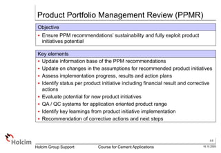 44
16.10.2005
Holcim Group Support Course for Cement Applications
Key elements
 Update information base of the PPM recommendations
 Update on changes in the assumptions for recommended product initiatives
 Assess implementation progress, results and action plans
 Identify status per product initiative including financial result and corrective
actions
 Evaluate potential for new product initiatives
 QA / QC systems for application oriented product range
 Identify key learnings from product initiative implementation
 Recommendation of corrective actions and next steps
Objective
 Ensure PPM recommendations’ sustainability and fully exploit product
initiatives potential
Product Portfolio Management Review (PPMR)
 