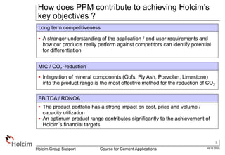 5
16.10.2005
Holcim Group Support Course for Cement Applications
MIC / CO2 -reduction
 Integration of mineral components (Gbfs, Fly Ash, Pozzolan, Limestone)
into the product range is the most effective method for the reduction of CO2
Long term competitiveness
 A stronger understanding of the application / end-user requirements and
how our products really perform against competitors can identify potential
for differentiation
How does PPM contribute to achieving Holcim’s
key objectives ?
EBITDA / RONOA
 The product portfolio has a strong impact on cost, price and volume /
capacity utilization
 An optimum product range contributes significantly to the achievement of
Holcim’s financial targets
 