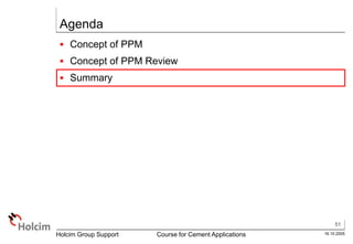 51
16.10.2005
Holcim Group Support Course for Cement Applications
Agenda
 Concept of PPM
 Concept of PPM Review
 Summary
 