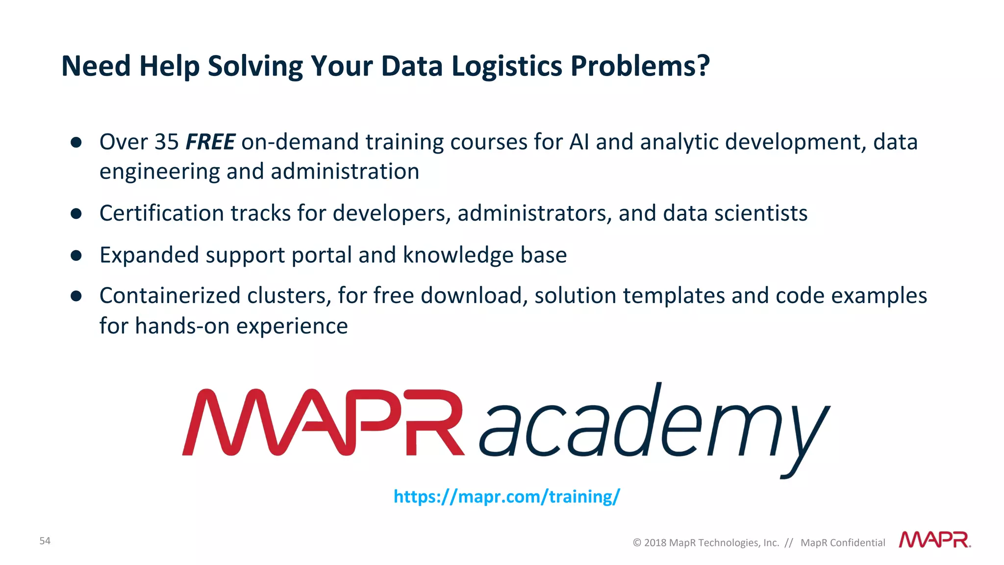54 © 2018 MapR Technologies, Inc. // MapR Confidential
● Over 35 FREE on-demand training courses for AI and analytic development, data
engineering and administration
● Certification tracks for developers, administrators, and data scientists
● Expanded support portal and knowledge base
● Containerized clusters, for free download, solution templates and code examples
for hands-on experience
https://mapr.com/training/
Need Help Solving Your Data Logistics Problems?
 