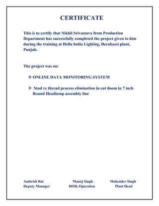 CERTIFICATE
This is to certify that Nikhil Srivastava from Production
Department has successfully completed the project given to him
during the training at Hella India Lighting, Derabassi plant,
Punjab.
The project was on:
 ONLINE DATA MONITORING SYSTEM
 Stud re thread process elimination in cut doom in 7 inch
Round Headlamp assembly line
Ambrish Rai Manoj Singh Mahender Singh
Deputy Manager HOD, Operation Plant Head
 