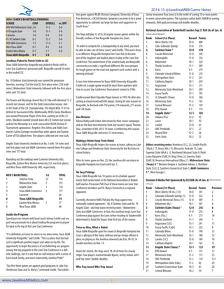 - 4 -www.JavelinaAthletics.com
2014-15 @JavelinaMBB Game Notes
Javelinas Picked to Finish Sixth in LSC
Texas A&M University-Kingsville was picked to finish sixth in
Lone Star Conference preseason poll. Kingsville earned 59 votes
in the loaded LSC.
No. 10Tarleton State University was named the preseason
favorites, earning 12 of the total 22 first-place votes (156 total
votes). Midwestern State University followed with five first-place
votes and 155 total.
TheTexans and Mustangs shared the LSC title with identical 12-2
records last season, and for the third consecutive season, met
in the finals of the LSC Championship.TSU edged MSU 71-65 to
defend its tournament title. Additionally, MSU’s Xavier Blackburn
was named Preseason Player of theYear, earning six of the 22
votes. Blackburn earned second-team All-LSC honors last season
and led the Mustangs to a sixth consecutive NCAA Division II
Tournament appearance. Angelo’s Chris Johns and A&M-Com-
merce’s LaDon Carnegie received four votes apiece and Davene
Carter ofTSU tallied three. Five players collected one vote each.
Angelo State University checked in at No. 3 with 134 votes and
one first-place nod and A&M-Commerce earned three first-place
votes and 117 total.
Rounding out the rankings were Cameron University (66),
Kingsville, Eastern New Mexico University (57; one first-place),
andWestTexas A&M University (48), respectively.
MEN’S BASKETBALL		 1st	 TOTAL
1	 Tarleton State	 12	 156
2	 Midwestern State	 5	 155
3	 Angelo State 	 1	 134
4	 Texas A&M-Commerce	 3	 117
5	 Cameron			 66
6	 Texas A&M-Kingsville		 59
7	 Eastern New Mexico 	 1	 57
8	 WestTexas A&M		 48
Inside the Program
Spend just one minute with head coach Johnny Estelle and see
just how passionate he is about leading the program he played
for back to the top of the Lone Star Conference.
“It is definitely an honor to return to my alma mater,Texas A&M
University-Kingsville,”said Estelle.“This is a place that has had
such a significant positive impact and value on my life.The
opportunity to begin the process of reestablishing our program
among the top programs in the Lone Star Conference is a defi-
nite challenge, but it is one that we will embrace with a sense of
hard wood, family, and most importantly, Javelina Pride!”
“Our first three games are against good programs in Lake Erie,
Henderson State and St. Mary’s,”continued Estelle.“Our exhibi-
tion game against NCAA Division I program, University ofTexas
Pan-American, a NCAA Division I program can prove to be a great
opportunity to cultivate our large fan base and supporters in
SouthTexas.”
The Hogs will play 12 of its 26 regular season games within the
friendly confines of the Kingsville Hampton Inn Court.
“In order to compete for a championship at any level, you must
be able to take care of home court,”said Estelle.“This year’s focus
is no different. Kingsville Hampton Inn Court has to become
one of the toughest and loudest places to play in the Lone Star
Conference.The involvement of the student body and Kingsville
community can make a significant different.We must prepare
for tough games on the road and approach each contest with a
winning attitude.”
A two-time letterwinner forTexas A&M University-Kingsville,
Estelle set a single-game record for most three-pointers with
nine in a Lone Star ConferenceTournament contest in 1996.
Estelle earned MostValuable Player honors in 1995-96 after also
setting a school record with 88 swipes. During his two seasons in
Kingsville, he finished with 742 points, 214 rebounds, 211 assists
and 138 steals.
Duo Returns
Adonis Bailey and Jordan Jahr return for their senior campaigns
and are the lone two returnees from last season’s squad.Thomas
Diaz, a member of the 2013-14 team, is redshirting this season.
Texas A&M-Kingsville welcomes 13 newcomers.
Making a Home Away From Home
Texas A&M-Kingsville begins the season at home, taking on Lake
erie College and Henderson State University for the first time in
school history.
After its home game on Nov. 25, the Javelinas did not return to
Kingsville Hampton Inn Court until Jan. 3.
No Easy Pickings
Texas A&M-Kingsville has 10 games on its schedule against
teams that earned votes in the National Association of Basket-
ball Coaches Preseason Poll. Four of those teams are Lone Star
Conference members and St. Mary’s University is a regional
opponent.
Currently, the latest NABC Poll pits the Hogs against two
nationally-ranked opponents - No. 4Tarleton State and No. 19
Angelo State - and two teams receiving votes - Midwestern
State and A&M-Commerce. In fact, the Javelinas begin Lone Star
Conference play against the Lions before heading to Stephenville
determined to hand theTexans their first loss of the season.
Twice as Nice,What a Debut
Texas A&M-Kingsville gave the crowd at Kingsville Hampton Inn
Court a glimpse of the havoc defense and up-tempo offense it
plans on playing as the Javelinas downed Lake Erie, 96-93, in
double overtime on Nov. 14.
Down the stretch, the Hogs went 18-of-20 from the charity
stripe. Four players reached double figures, led by Jordan Jahr’s
andTroy Jones’double-doubles.
WhoTroy Jones!WhoTroy Jones!
Junior newcomerTroy Jones is in the midst of scoring 10 or more points
in seven consecutive games.The Louisiana native leadsTAMUK in scoring,
rebounds, field goal percentage and double-doubles.
National Association of Basketball CoachesTop 25 Poll (As of Jan. 6)
*denotesLSCmemberandTAMUKopponent
Rank	 School (1st Place)	 Record	 Points
1. 	 West Liberty (16) 		 10-0 	 400
2. 	 Colo.-Colorado Springs 	 13-0 	 376
3. 	 Tarleton State *		 12-0	 370
4. 	 Lincoln Memorial 		 12-0 	 340
5. 	 Indianapolis	 	 11-0 	 334
6. 	 Bellarmine		 10-1	 320
7. 	 Florida Southern 		 11-1 	 289
8. 	 Barry		 9-1 	 279
9. 	 Colorado School of Mines 	 11-0 	 276
10. 	 Metropolitan State 	 11-2 	 251
11. 	 California Baptist 		 10-1 	 229
12. 	 Augustana		 13-1 	 215
13. 	 Minnesota State-Moorhead 	 16-1 	 209
14. 	 Azusa Pacific		 13-1 	 195
15. 	 St. Edward’s (Texas) 	 12-0 	 160
16. 	 Minnesota State 		 11-2 	 142
17. 	 Central Missouri 		 11-2 	 139
18. 	 BYU-Hawaii 		 9-1 	 114
19. 	 Angelo State *	 	 12-1 	 103
20. 	 Indiana (Pa.) 		 12-2 	 95
21. 	 Lewis 		 10-1 	 93
22. 	 Lander		 12-0 	 65
23. 	 UNC Pembroke 		 12-1 	 27
24. 	 Mount Olive		 12-2 	 26
25. 	 Ferris State		 10-2 	 22
Others receiving votes: Newberry (S.C.) 21, Seattle Pacific
(Wash.) 17, Drury (Mo.) 15,Wisconsin-Parkside 15, Lake
Superior State (Mich.) 12, Northwest Missouri State 9, Point
Loma Nazarene (Calif.) 9, King (Tenn.) 8, Sonoma State
(Calif.) 8, American International (Mass.) 5, Midwestern State
(Texas) 4 *,Western Oregon 4, Southern Indiana 3, Northern
State (S.D.) 2, Southern Connecticut State 1, A&M-Commerce
1 *,West Georgia 1.
Division II Media Poll Sponsored by D2SIDA (As of Jan. 6)*denotesLSCmemberand
TAMUKopponent
Rank	 School (1st Place)	 Record	 Points	 Previous
1	 West Liberty (W.Va.) (12)	 10-0	 341	 2
2	 Colorado-Colorado Springs (1)	 13-0	 322	 3
3	 Lincoln Memorial (Tenn.) (1)	 12-0	 309	 5
4	 Bellarmine (Ky.)		 10-1	 307	 4
5	 Tarleton State (Texas) *	 12-0	 292	 6
6	 Indianapolis		 11-0	 276	 8
7	 Barry (Fla.)		 9-1	 273	 10
8	 Florida Southern 		 11-1	 249	 1
9	 Augustana (S.D.)		 13-1	 241	 11
10	 Azusa Pacific (Calif.)	 13-1	 222	 9
11	 Colorado Mines		 11-0	 198	 13
12	 Minnesota State-Moorhead 	 16-1	 188	 12
13	 Lander (S.C.)		 12-0	 184	 16
14	 California Baptist		 10-1	 165	 15
15	 Angelo State (Texas) *	 12-1	 123	 19
16	 BYU Hawaii		 9-1	 115	 17
17	 Minnesota State		 11-2	 113	 23
18	 UNC Pembroke		 12-1	 110	 T21
19	 Metropolitan State (Colo.)	 11-2	 82	 24
20	 Southern Connecticut State	 10-3	 81	 20
21	 Central Missouri		 10-2	 59	 7
2014-15MEN’SBASKETBALLSTANDINGS
SCHOOL		 CONF	 OVERALL	 vs.OPP
#RV/#RVMidwesternState	2-0	 13-3	 0-0
#19AngeloState	 1-0	 13-1	 0-0
Cameron		 1-0	 9-4	 0-0
#3/#5TarletonState	 0-1	 12-1	 0-0
#RVA&M-Commerce	 1-1	 11-3	 0-1
WestTexasA&M	 0-1	 9-5	 0-0
EasternNewMexico	 0-1	 7-7	 0-0
TexasA&M-Kingsville	 0-1	 5-8
 