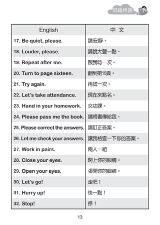 English 中 文
17. Be quiet, please. 請安靜。
18. Louder, please. 請說大聲一點。
19. Repeat after me. 跟我唸一次。
20. Turn to page sixteen. 翻...