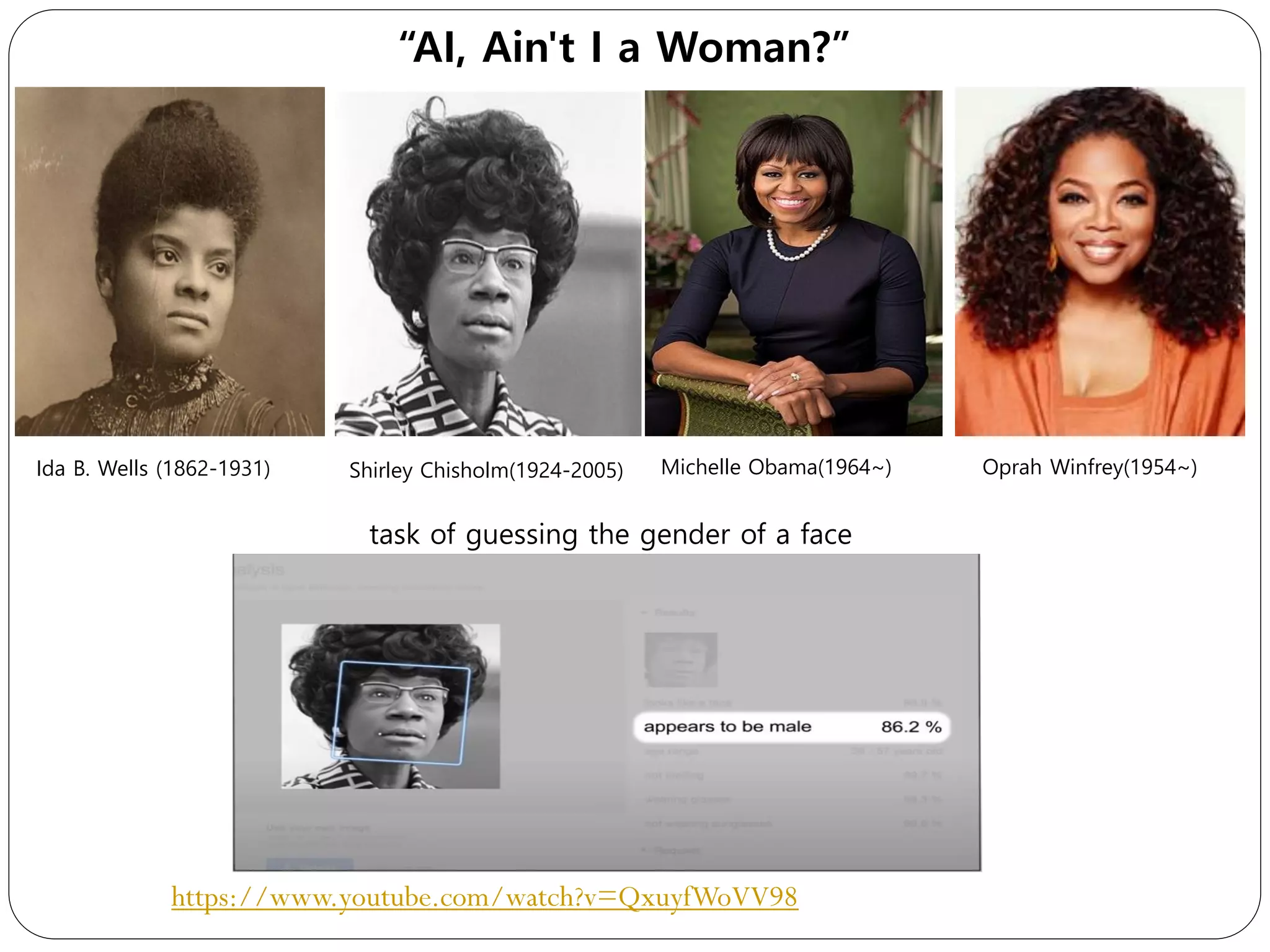 Shirley Chisholm(1924-2005)
Ida B. Wells (1862-1931) Michelle Obama(1964~) Oprah Winfrey(1954~)
“AI, Ain't I a Woman?”
task of guessing the gender of a face
https://www.youtube.com/watch?v=QxuyfWoVV98
 