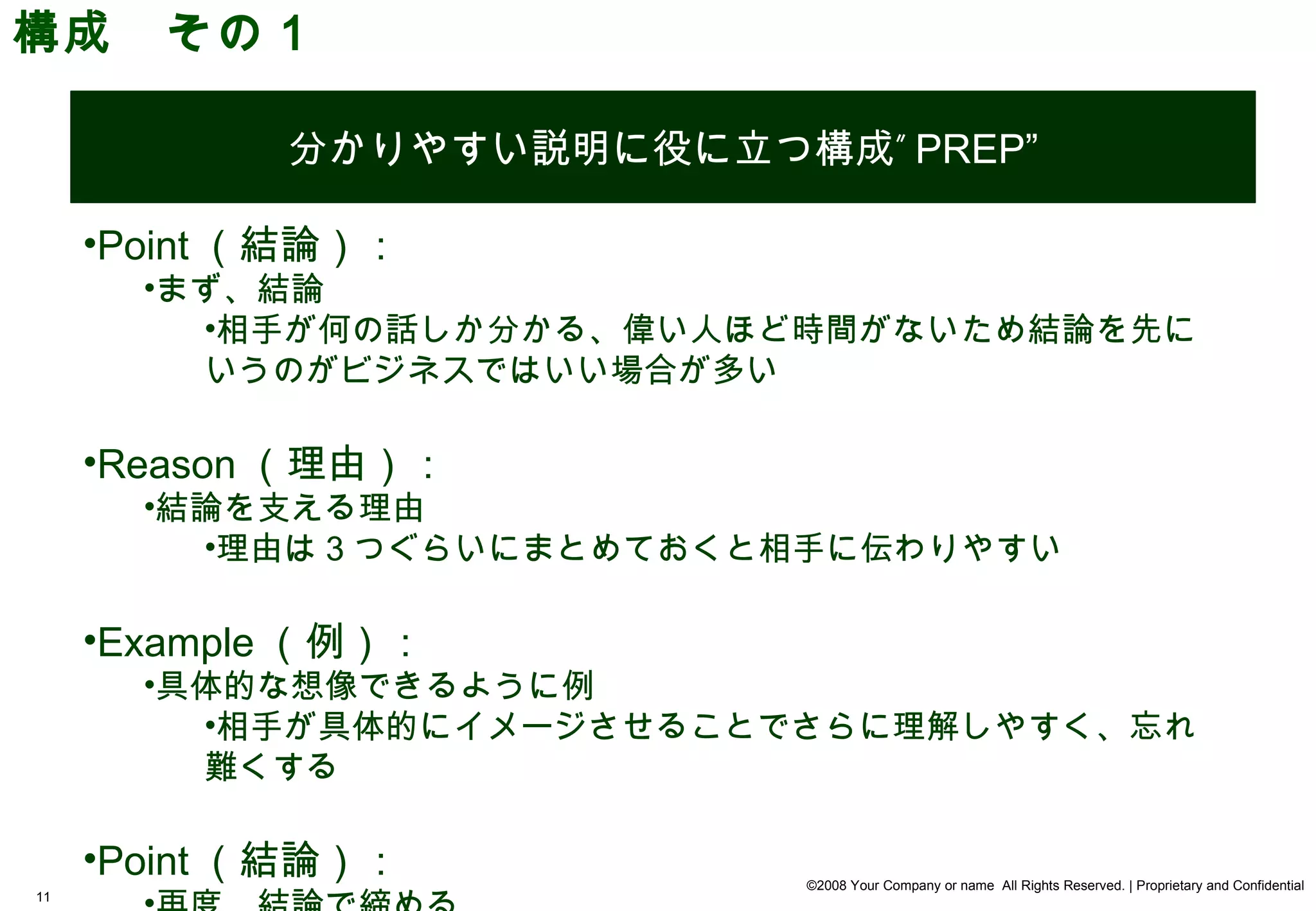 構成　その１

            分かりやすい説明に役に立つ構成” PREP”

     •Point （結論）：　
       •まず、結論
         •相手が何の話しか分かる、偉い人ほど時間がないため結論を先に
         いうのがビジネスではいい場合が多い

     •Reason （理由）：
       •結論を支える理由
         •理由は 3 つぐらいにまとめておくと相手に伝わりやすい

     •Example （例）：
       •具体的な想像できるように例
         •相手が具体的にイメージさせることでさらに理解しやすく、忘れ
         難くする

     •Point （結論）：           ©2008 Your Company or name All Rights Reserved. | Proprietary and Confidential
11
 